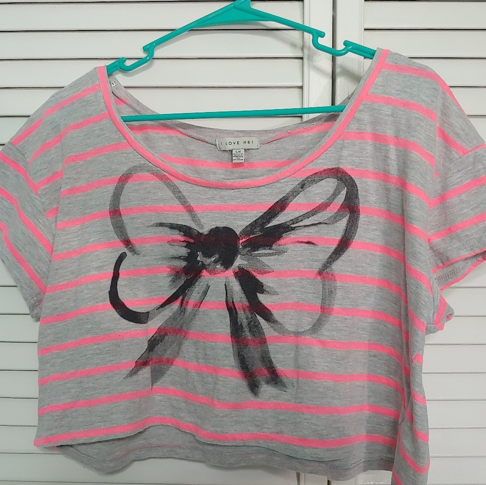Grey and Pink striped crop top with black bow